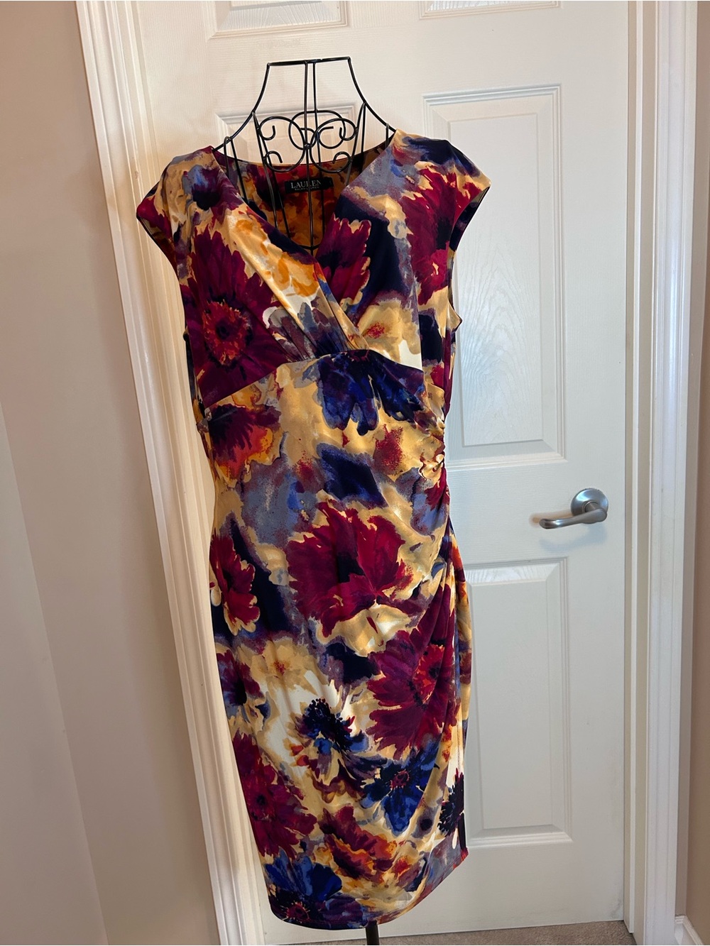 Ralph Lauren Floral Faux-Wrap Midi Dress in Burgundy, Navy & Gold